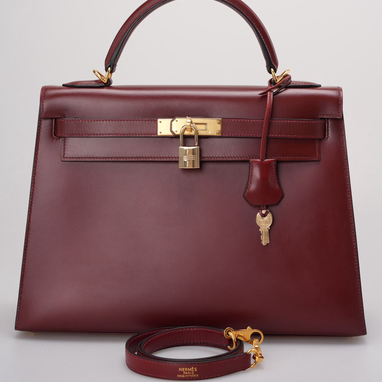 Hermes Kelly 32 Sellier Bag In Burgundy Box Leather With Gold Hardware from 2004
