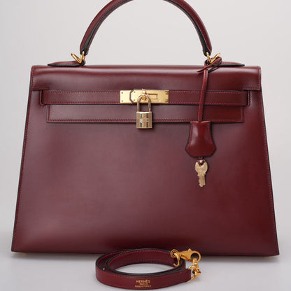 Hermes Kelly 32 Sellier Bag In Burgundy Box Leather With Gold Hardware from 2004