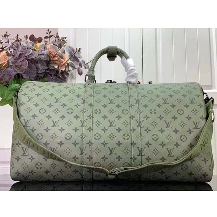 Louis Vuitton LV Unisex Keepall Bandoulière 55 Khaki Green Vermillion Red Monogram Canvas