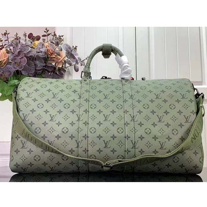 Louis Vuitton LV Unisex Keepall Bandoulière 55 Khaki Green Vermillion Red Monogram Canvas