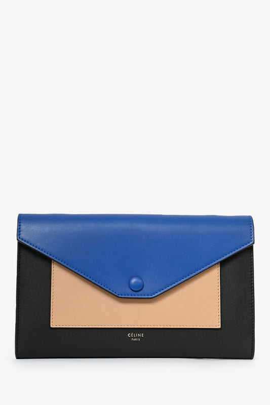 Celine 2015 Black Tricolor Leather Envelope Pocket Wallet on Chain