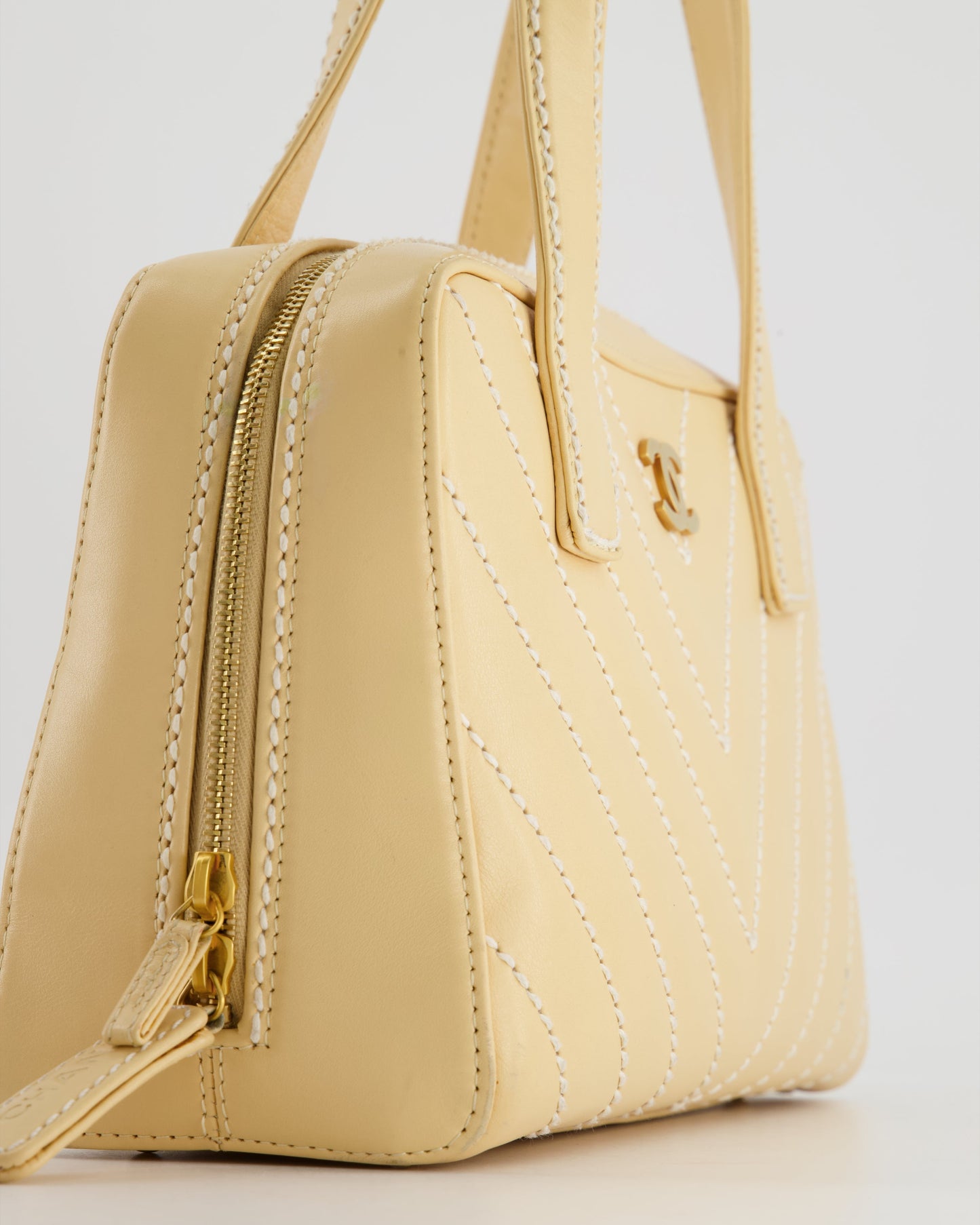 Chanel Pastel Yellow Bowling Bag in Calfskin Leather with Brushed Gold Hardware