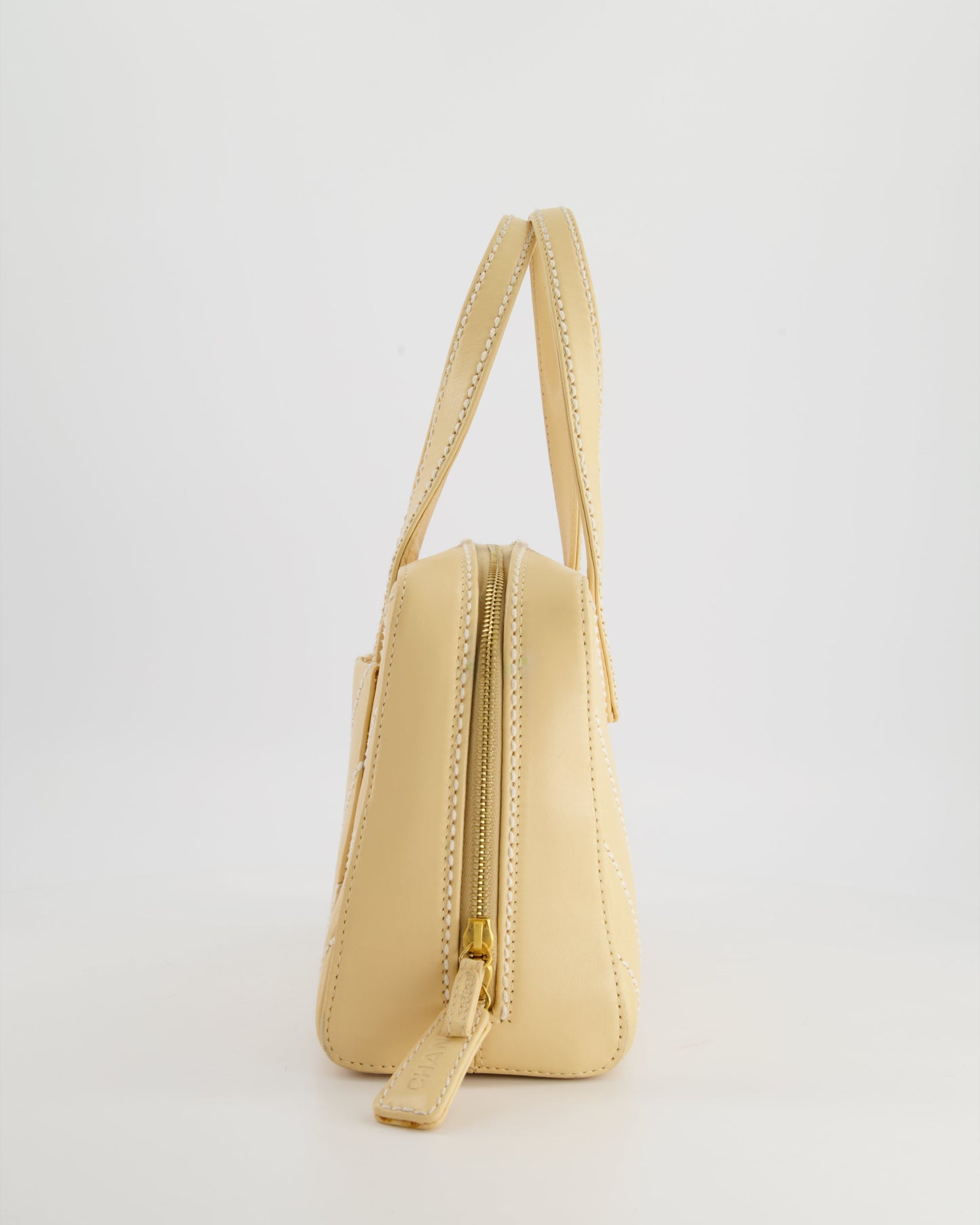 Chanel Pastel Yellow Bowling Bag in Calfskin Leather with Brushed Gold Hardware