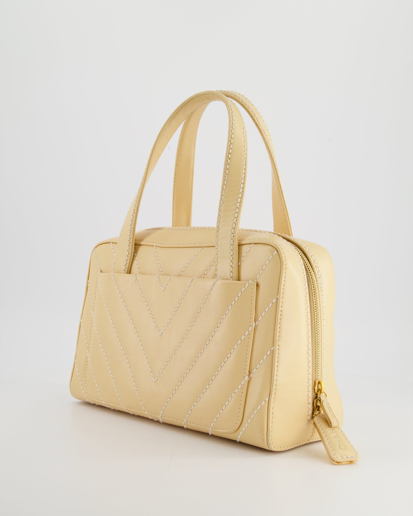 Chanel Pastel Yellow Bowling Bag in Calfskin Leather with Brushed Gold Hardware