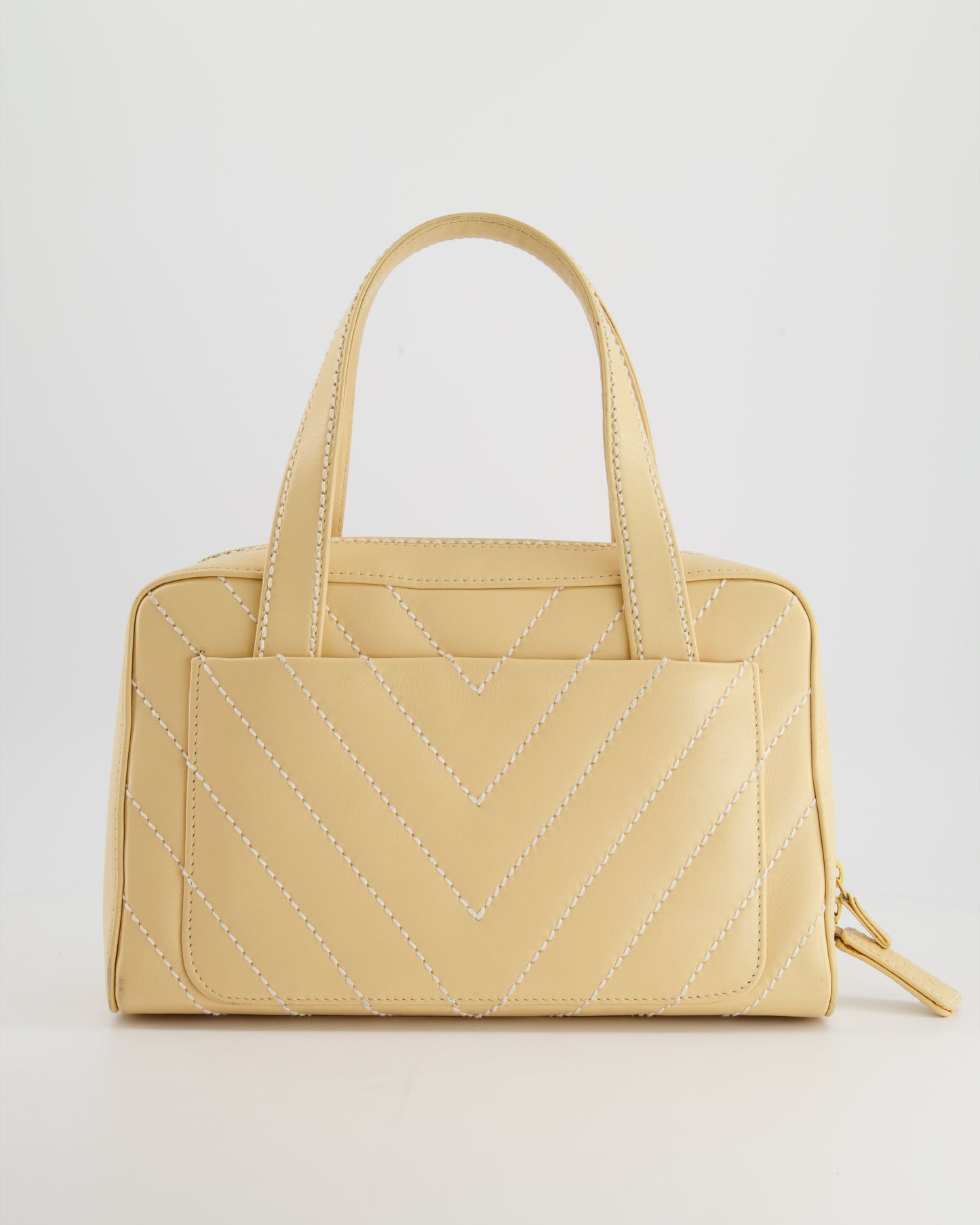 Chanel Pastel Yellow Bowling Bag in Calfskin Leather with Brushed Gold Hardware