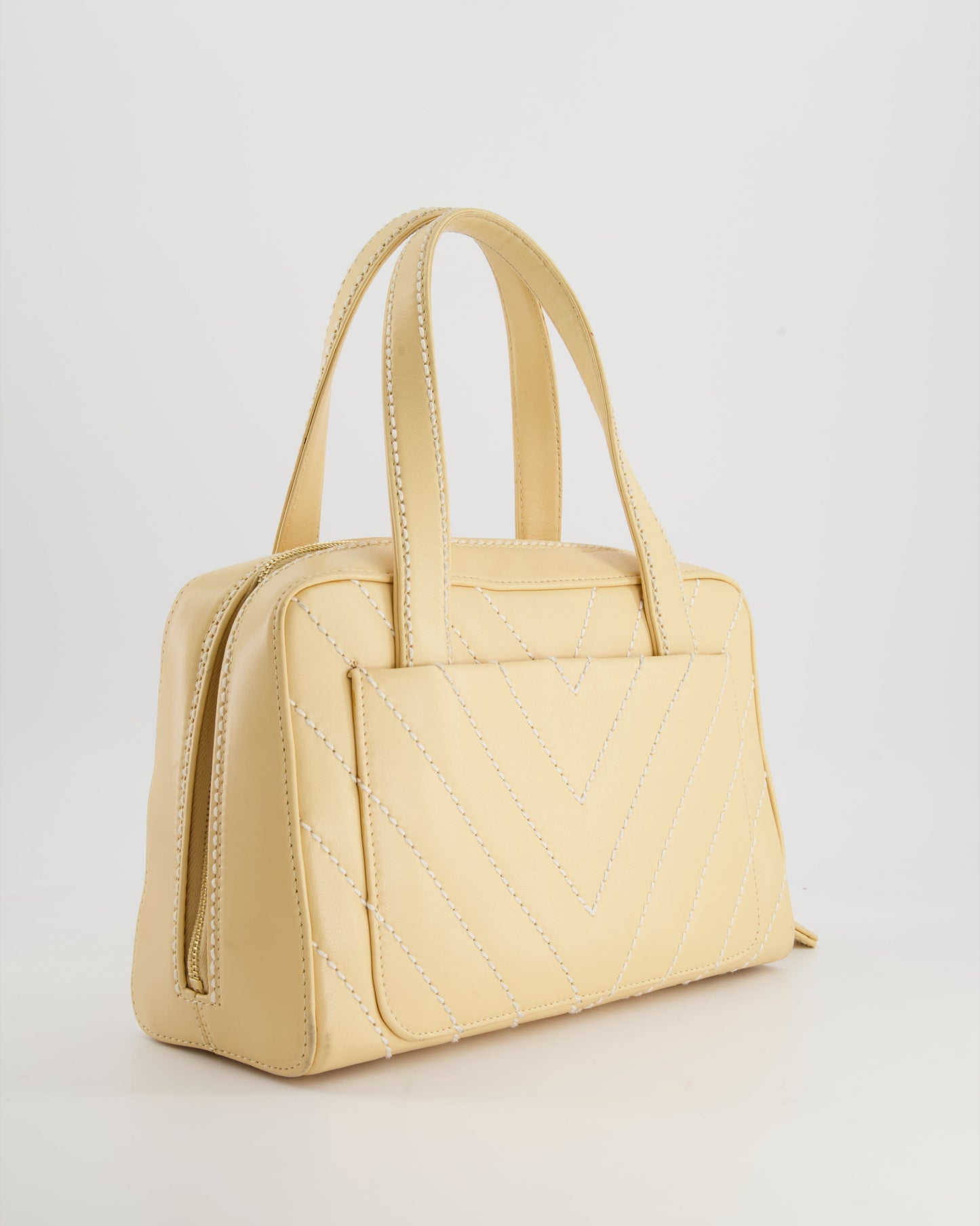 Chanel Pastel Yellow Bowling Bag in Calfskin Leather with Brushed Gold Hardware