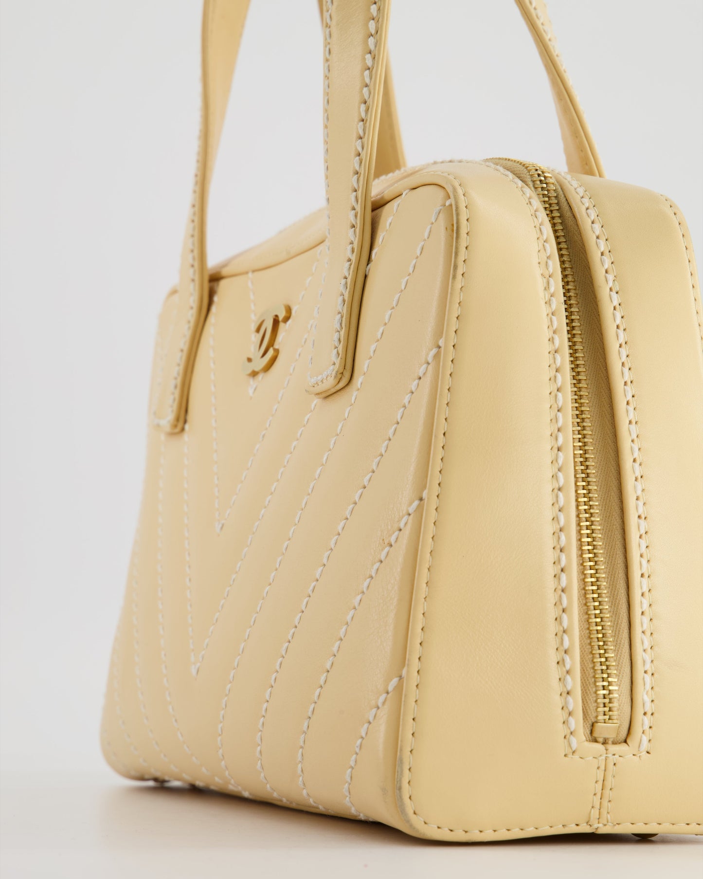 Chanel Pastel Yellow Bowling Bag in Calfskin Leather with Brushed Gold Hardware