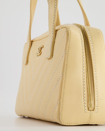 Chanel Pastel Yellow Bowling Bag in Calfskin Leather with Brushed Gold Hardware