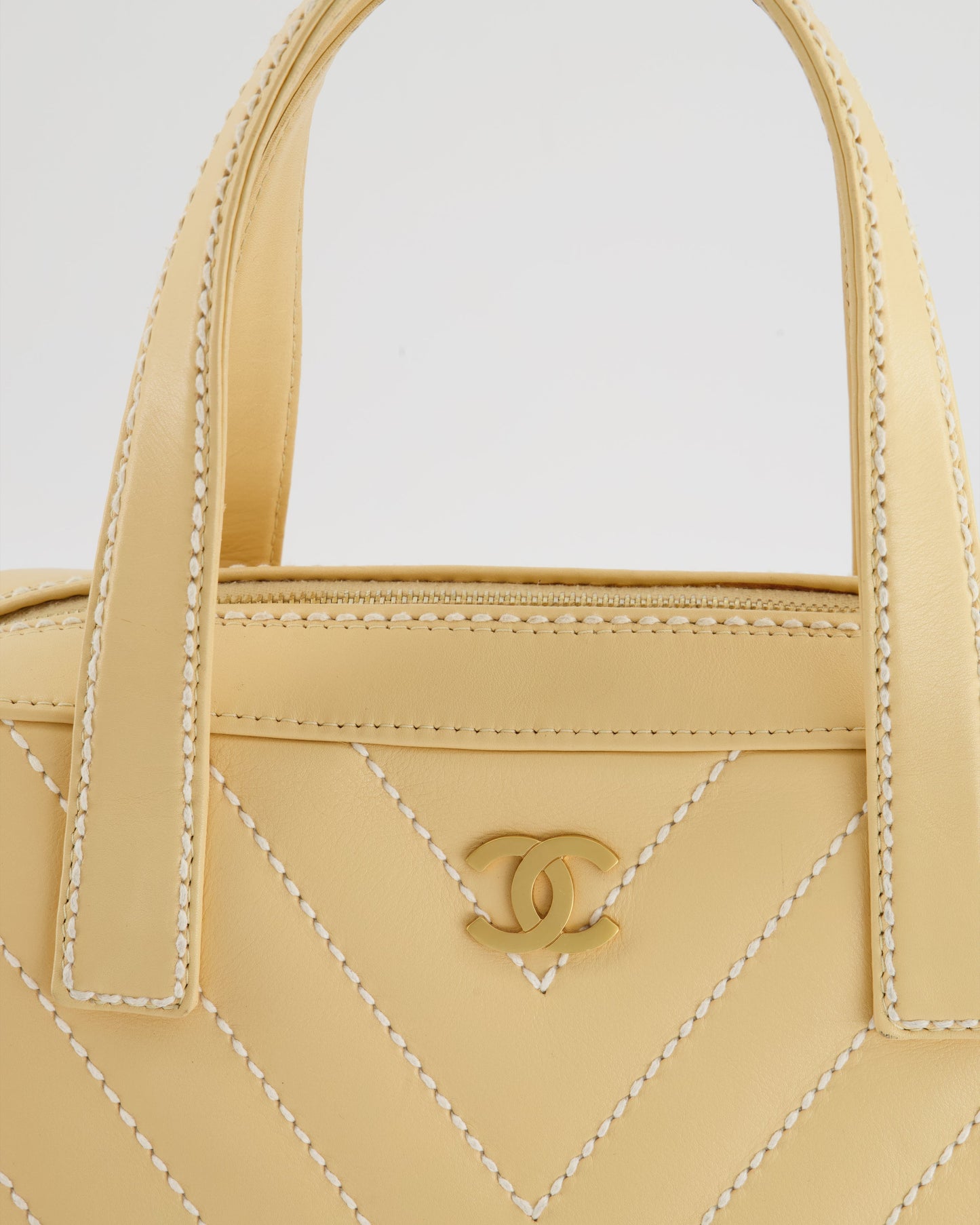 Chanel Pastel Yellow Bowling Bag in Calfskin Leather with Brushed Gold Hardware