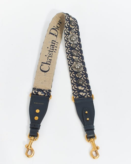 Dior Blue Canvas Oblique Embroidery Medallion Strap with Ring