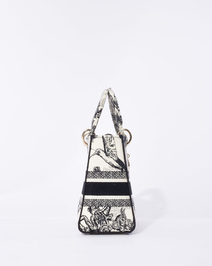 Dior Cream & Black Toile De Jouy Zodiac Embroidery Canvas Medium Lady D-Lite Bag