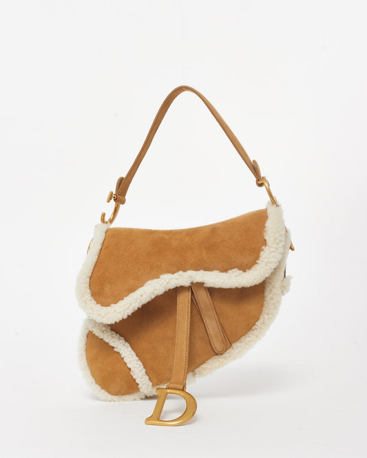 Dior Camel Brown Suede & Shearling Saddle Bag W/ Logo Embroidered Strap