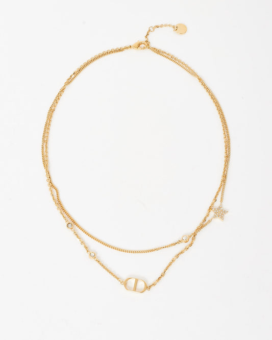 Dior Gold-Finish Metal and White Crystals Petit CD Double Necklace