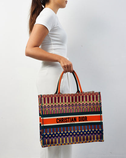 Dior Orange Embroidered Canvas Large Book Tote
