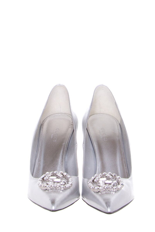 Gucci Metallic Silver Embellished Toe Heels SZ 38.5
