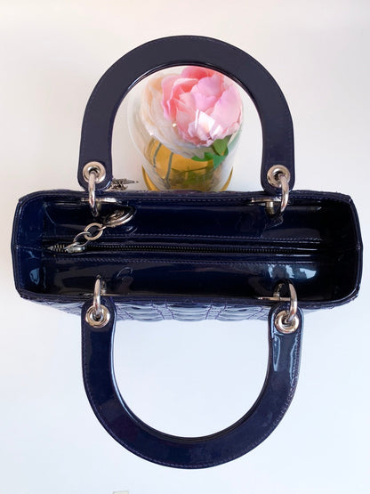 Christian Dior Patent Cannage Medium Lady Dior Navy Blue Silver Hardware