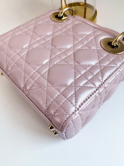 Christian Dior Metallic Calfskin Cannage Mini Lady Dior Pink