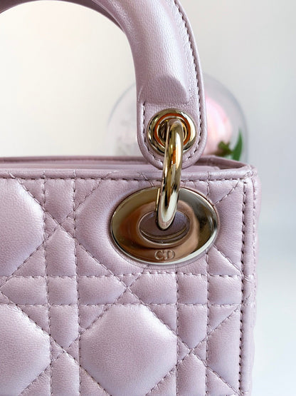 Christian Dior Metallic Calfskin Cannage Mini Lady Dior Pink
