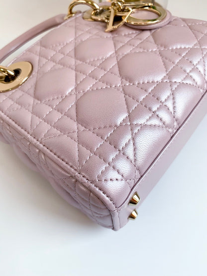 Christian Dior Metallic Calfskin Cannage Mini Lady Dior Pink