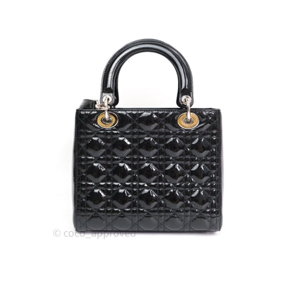 Christian Dior Medium Lady Dior Black Patent Silver Hardware