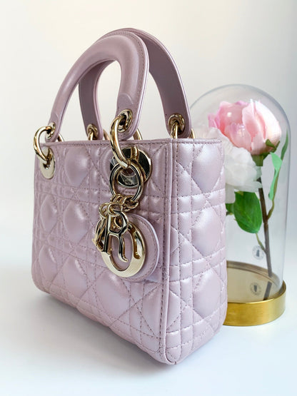 Christian Dior Metallic Calfskin Cannage Mini Lady Dior Pink
