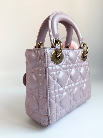 Christian Dior Metallic Calfskin Cannage Mini Lady Dior Pink