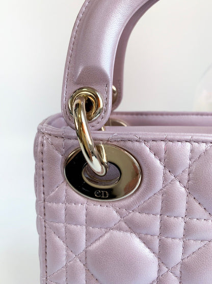 Christian Dior Metallic Calfskin Cannage Mini Lady Dior Pink
