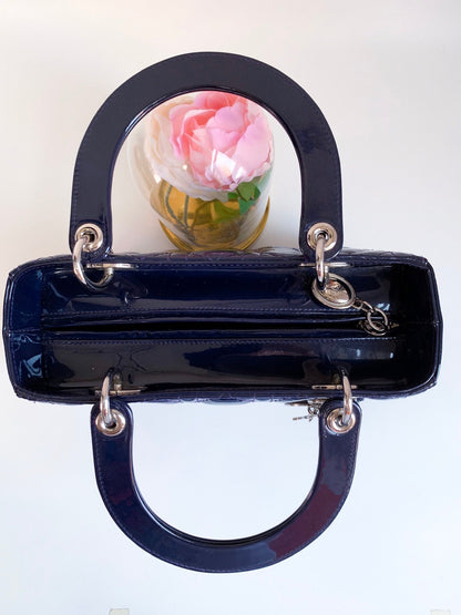 Christian Dior Patent Cannage Medium Lady Dior Navy Blue Silver Hardware