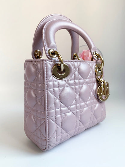 Christian Dior Metallic Calfskin Cannage Mini Lady Dior Pink