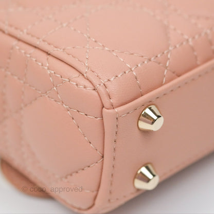 Christian Dior Micro Lady Dior Cannage Rose Des Vents Cannage Lambskin Gold Hardware
