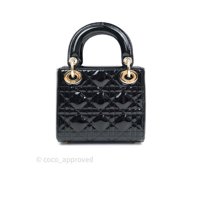 Christian Dior Mini Lady Dior Black Patent Light Gold Hardware
