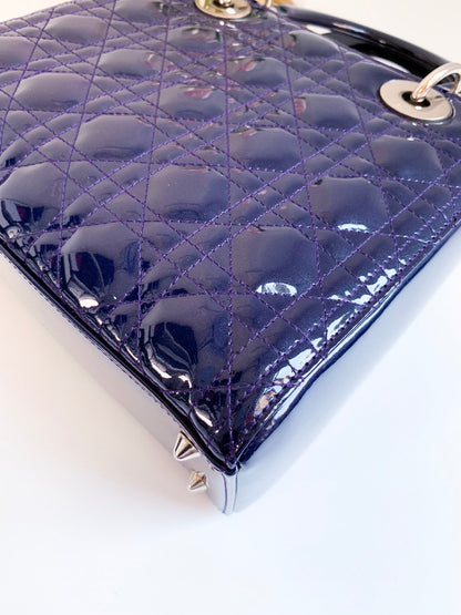 Christian Dior Patent Cannage Medium Lady Dior Navy Blue Silver Hardware
