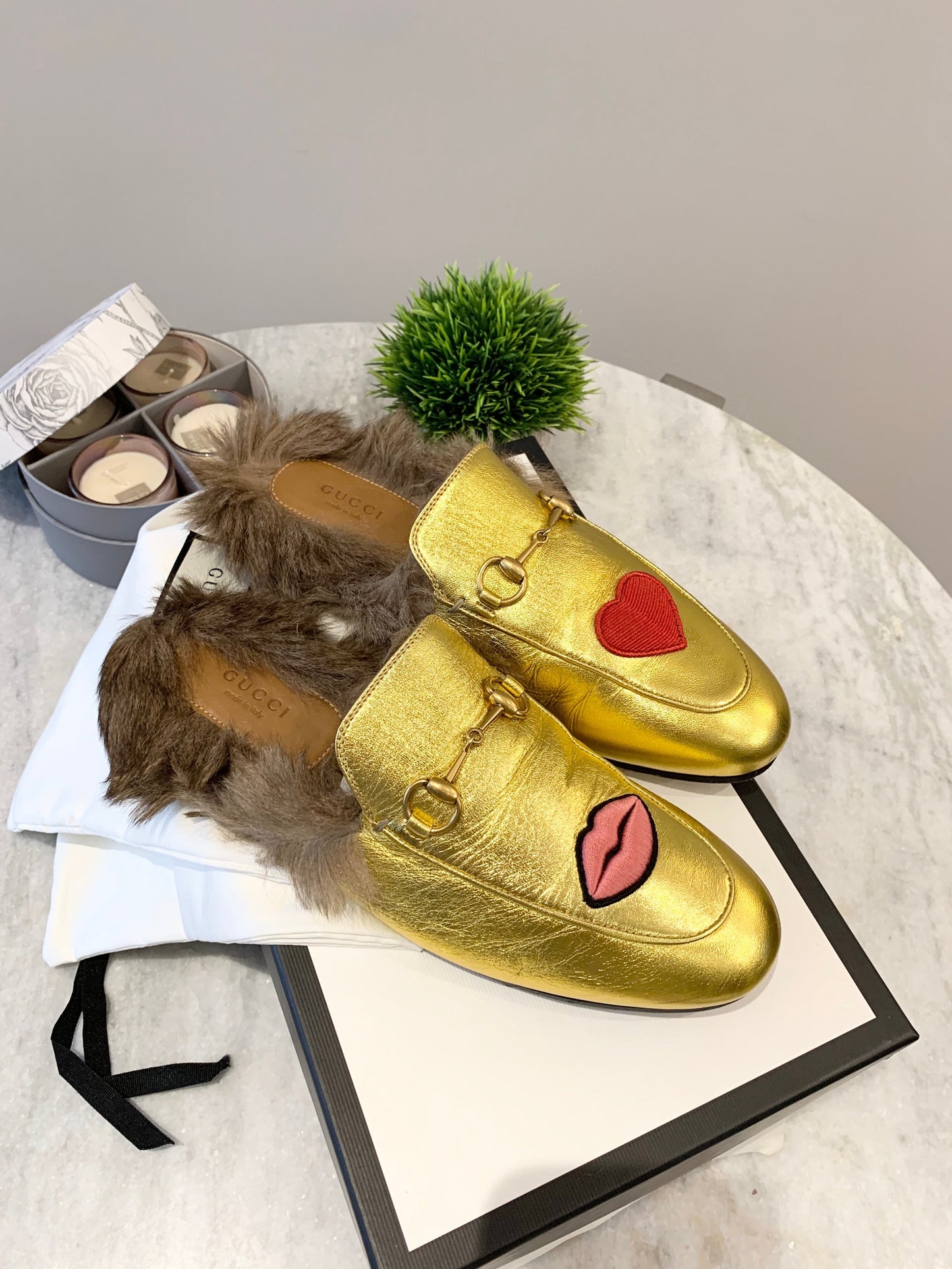 GUCCI Princetown Fur-lined Embroidered Metallic Leather Slippers In Metallic Gold EU39