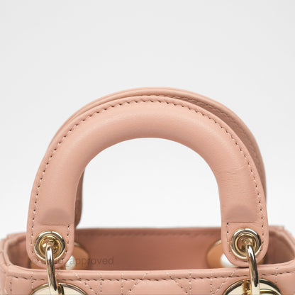 Christian Dior Micro Lady Dior Cannage Rose Des Vents Cannage Lambskin Gold Hardware
