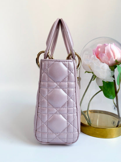 Christian Dior Metallic Calfskin Cannage Mini Lady Dior Pink