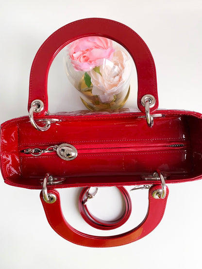 Christian Dior Patent Cannage Medium Lady Dior Red Silver Hardware