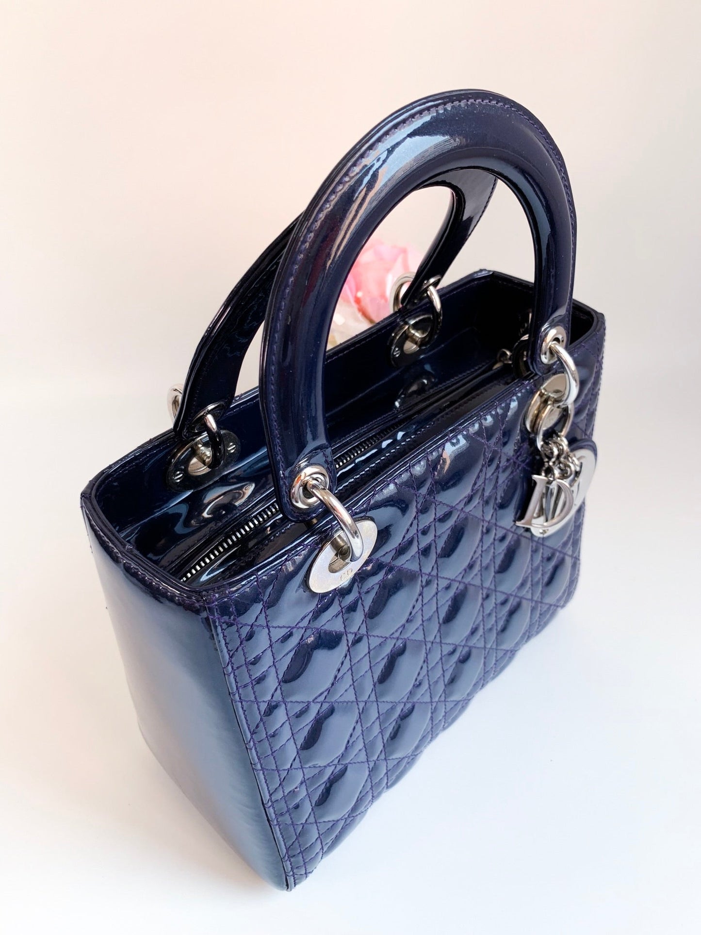 Christian Dior Patent Cannage Medium Lady Dior Navy Blue Silver Hardware