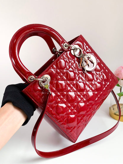 Christian Dior Patent Cannage Medium Lady Dior Red Silver Hardware