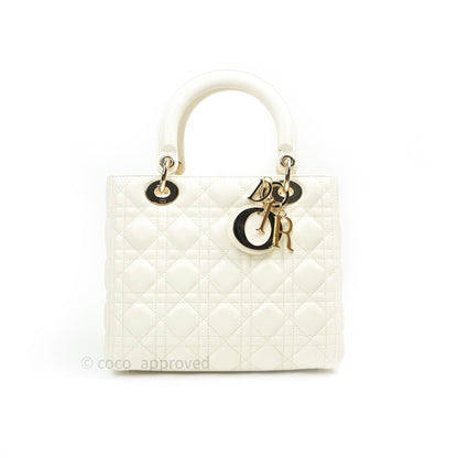 Christian Dior Lambskin Medium Lady Dior Ivory White Gold Hardware