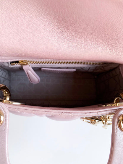 Christian Dior Metallic Calfskin Cannage Mini Lady Dior Pink