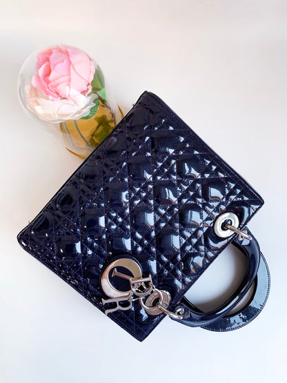 Christian Dior Patent Cannage Medium Lady Dior Navy Blue Silver Hardware