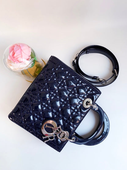 Christian Dior Patent Cannage Medium Lady Dior Navy Blue Silver Hardware
