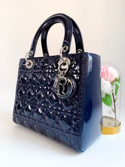 Christian Dior Patent Cannage Medium Lady Dior Navy Blue Silver Hardware