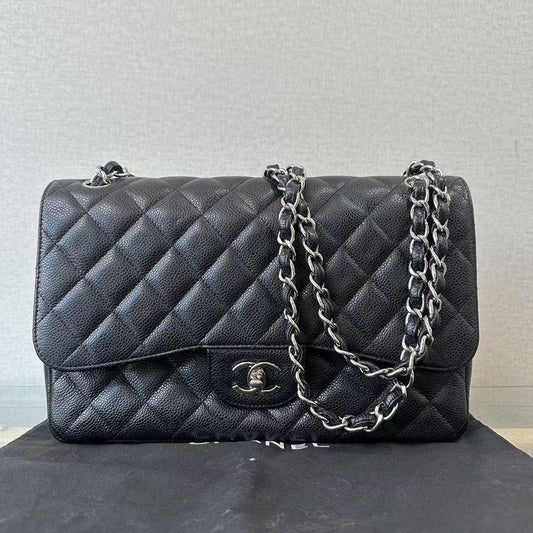 Chanel CF Jumbo Black Caviar Quilted Shoulder Bag