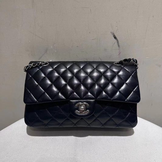 Chanel CF Classic Medium Flap Bag Black Quilted Leather With Card