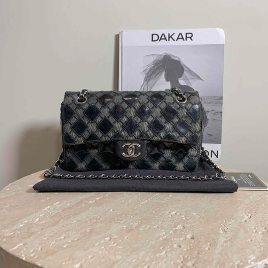 Chanel CF  Black Leather Quilted Handbag with Chain Strap Medium Size