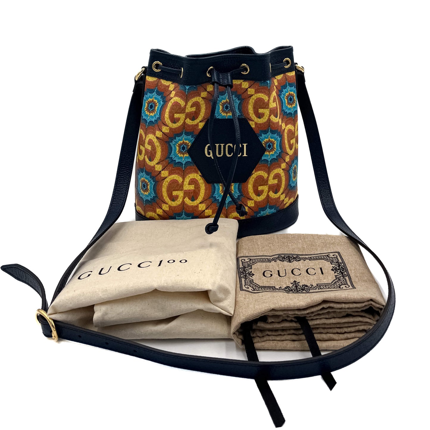 Gucci Kaleidoscope 100 Leather Canvas Bucket Bag